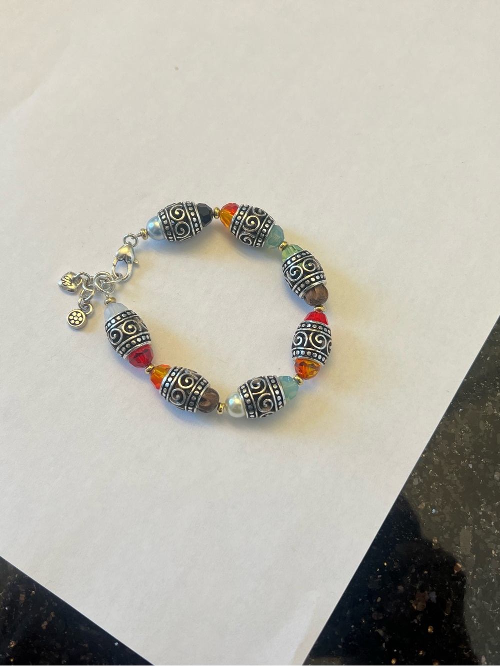 BRIGHTON Silver-Tone Bead Bracelet with Red & Amber Accents